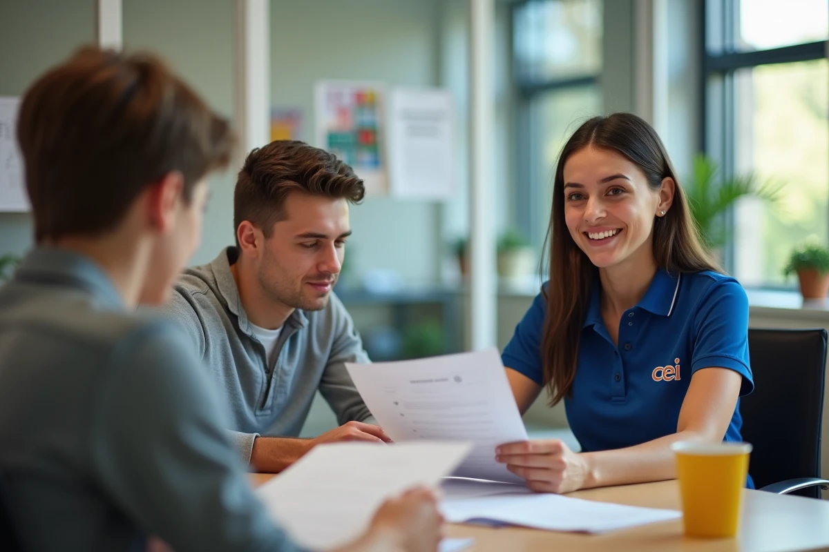 Jeune femme discutant avec un adolescent et sa m&egrave;re dans un bureau