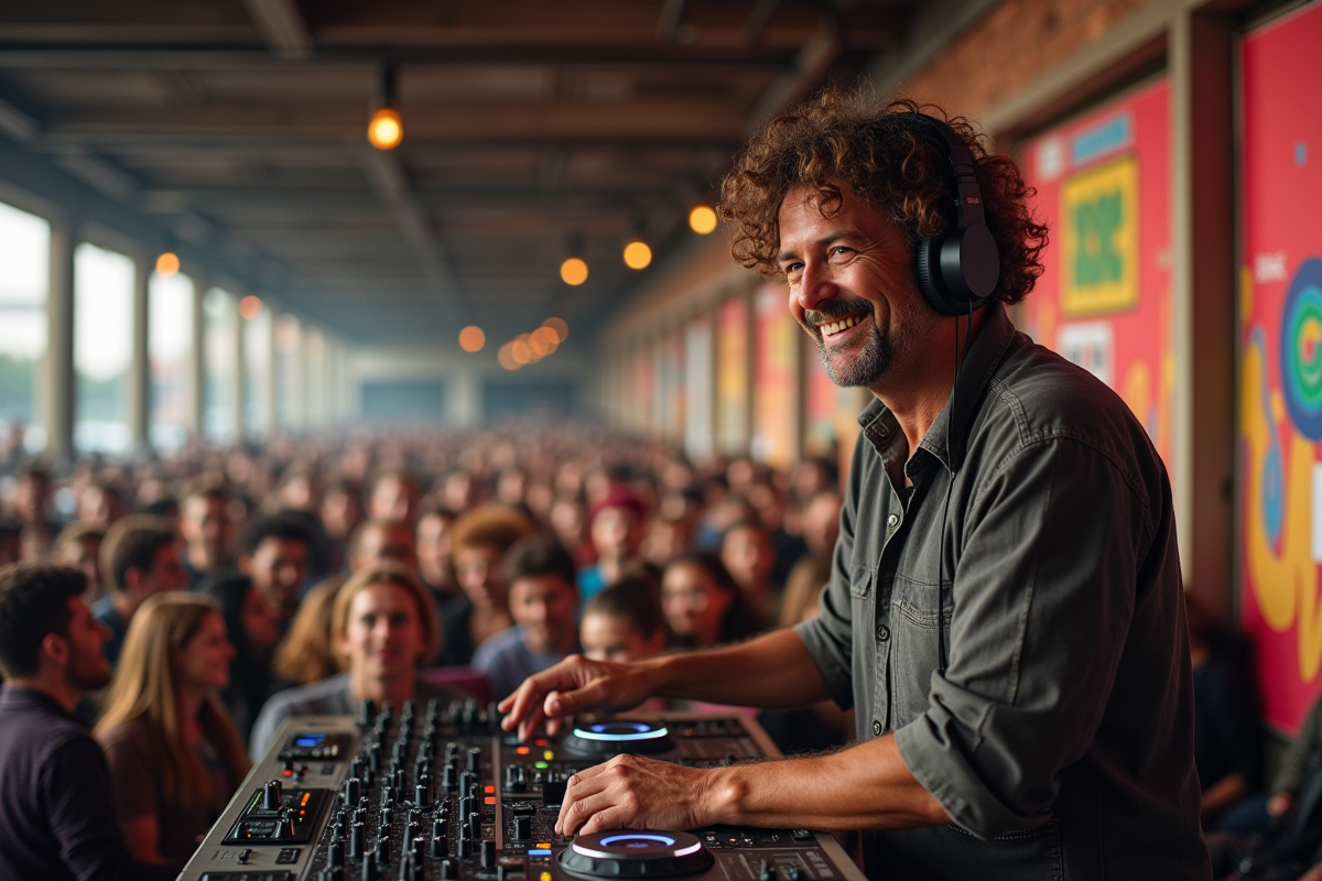 DJ souriant ajustant ses écouteurs lors d