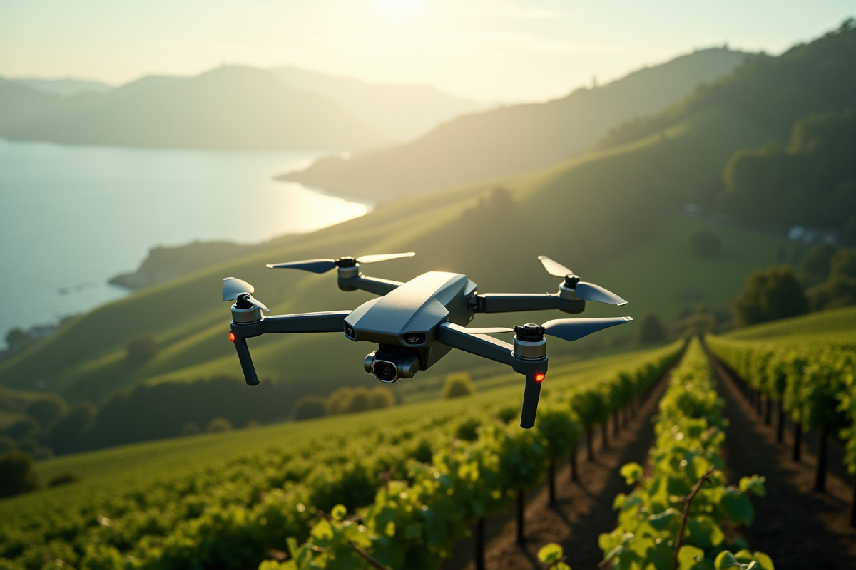 Drone survolant des collines verdoyantes et vignobles au matin