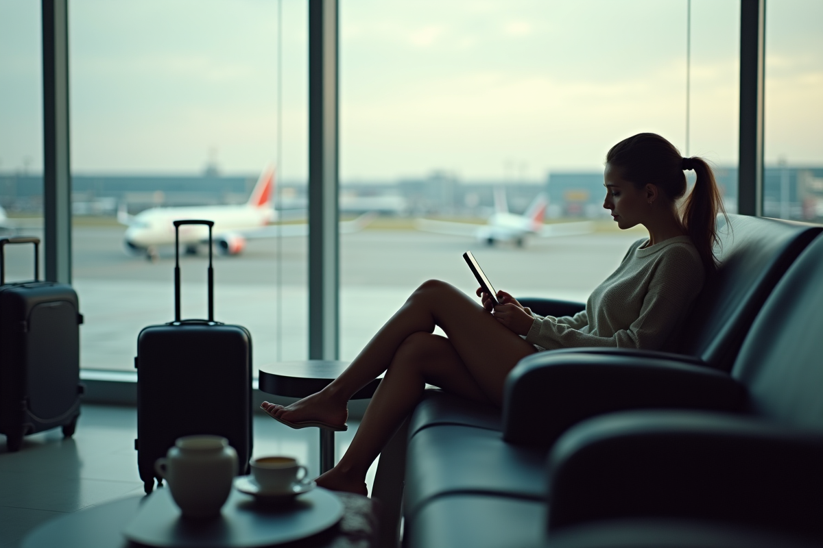 Personne relaxant dans un lounge aéroport après enregistrement en ligne