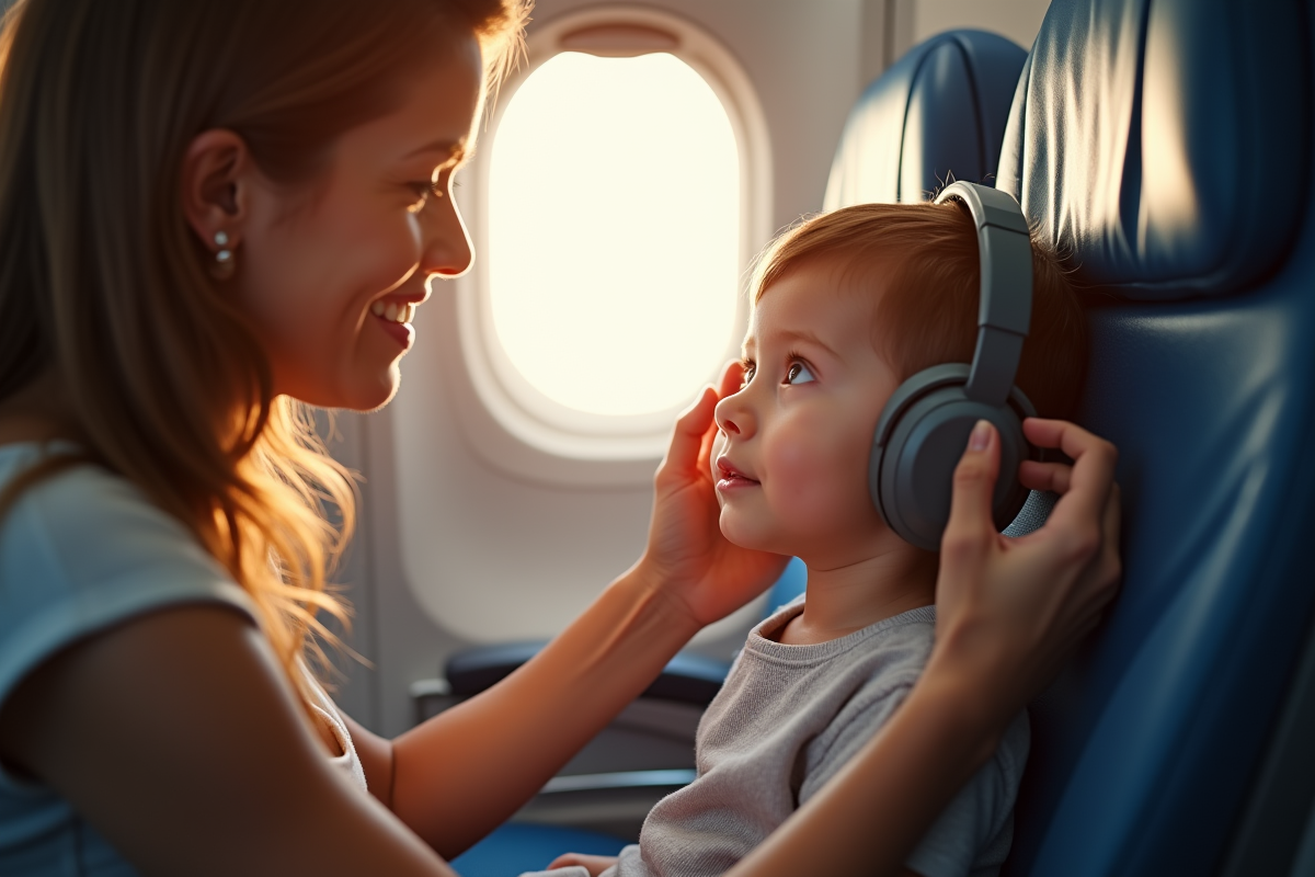 Jeune enfant portant des bouchons d'oreilles dans l'avion