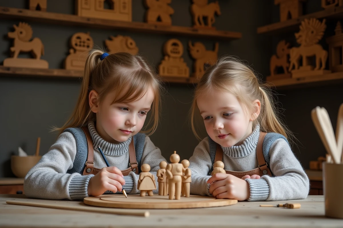 Enfants peignant des figurines en bois dans un atelier artisanal