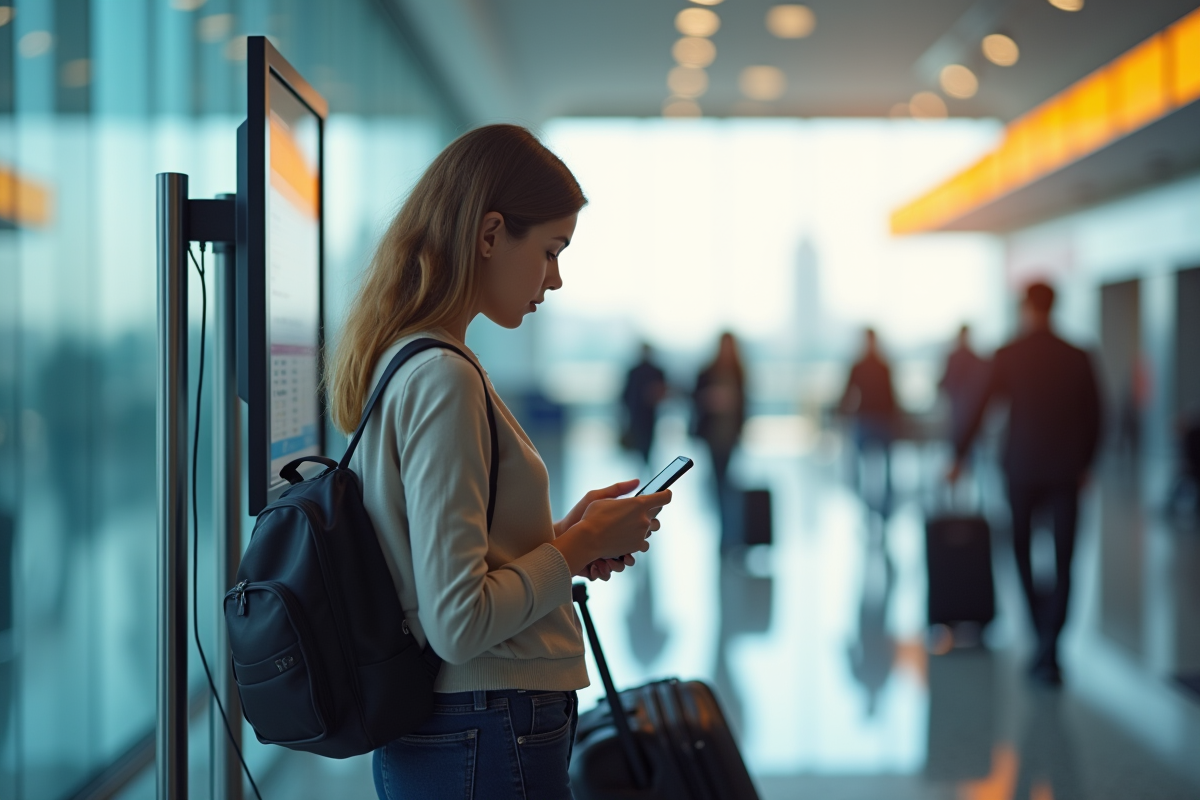 Voyageur utilisant son smartphone au kiosque d'enregistrement à l'aéroport
