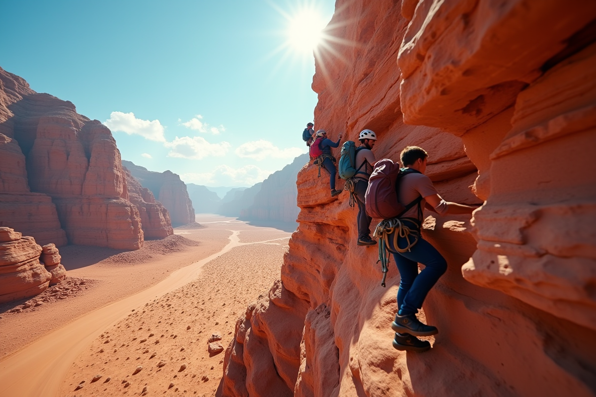 Groupe de grimpeurs sur formations rocheuses rouges au Wadi Rum