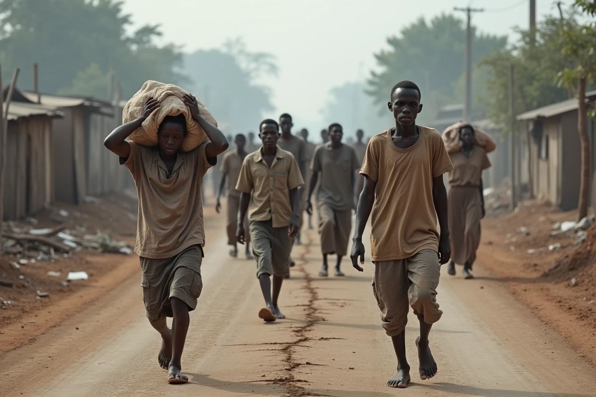 Des habitants de Goma évacuant sur une route couverte de cendres lors de l'éruption du volcan Nyiragongo, portant leurs affaires en fuyant la ville