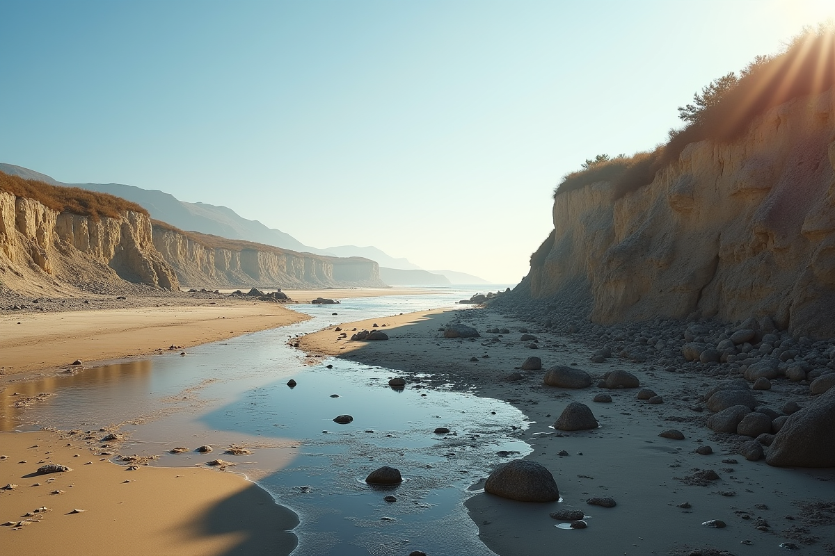 Crique rurale avec falaises erosion et panneau