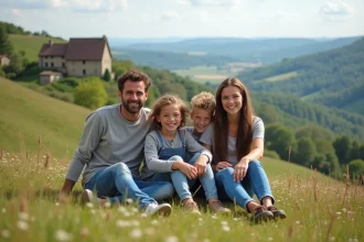 Famille en plein air avec volcans en arrière-plan en Auvergne