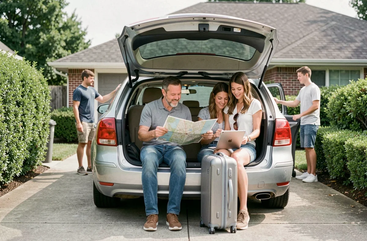 Famille préparant le départ en vacances avec itinéraire planifié sur tablette et carte routière