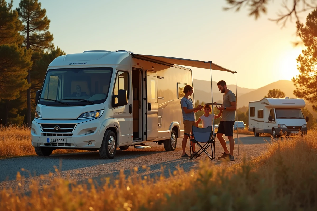 Famille installant leur campement devant leur camping-car dans un camping espagnol entouré de pins et de montagnes