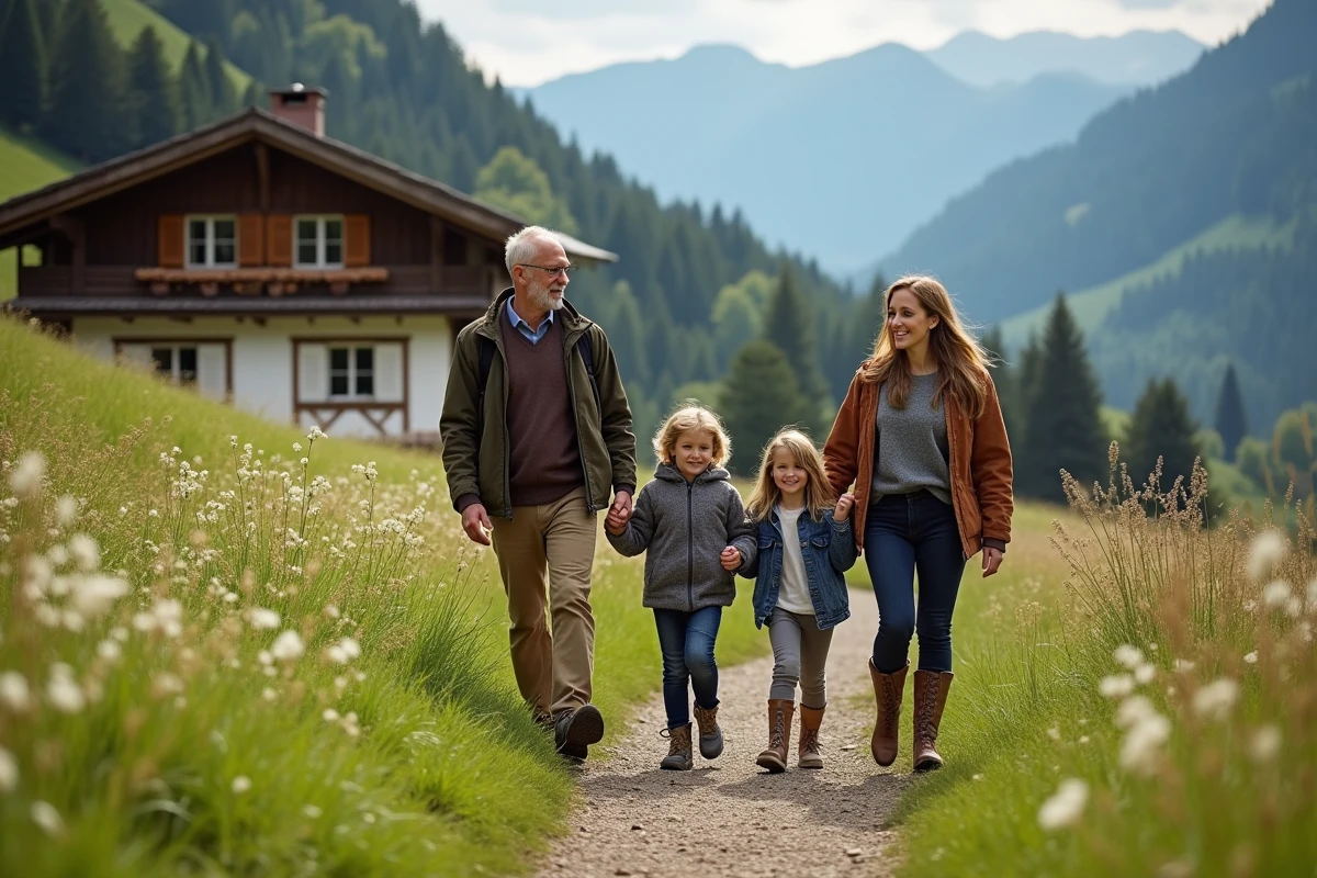 Famille multigenerations marchant dans la nature bavaroise
