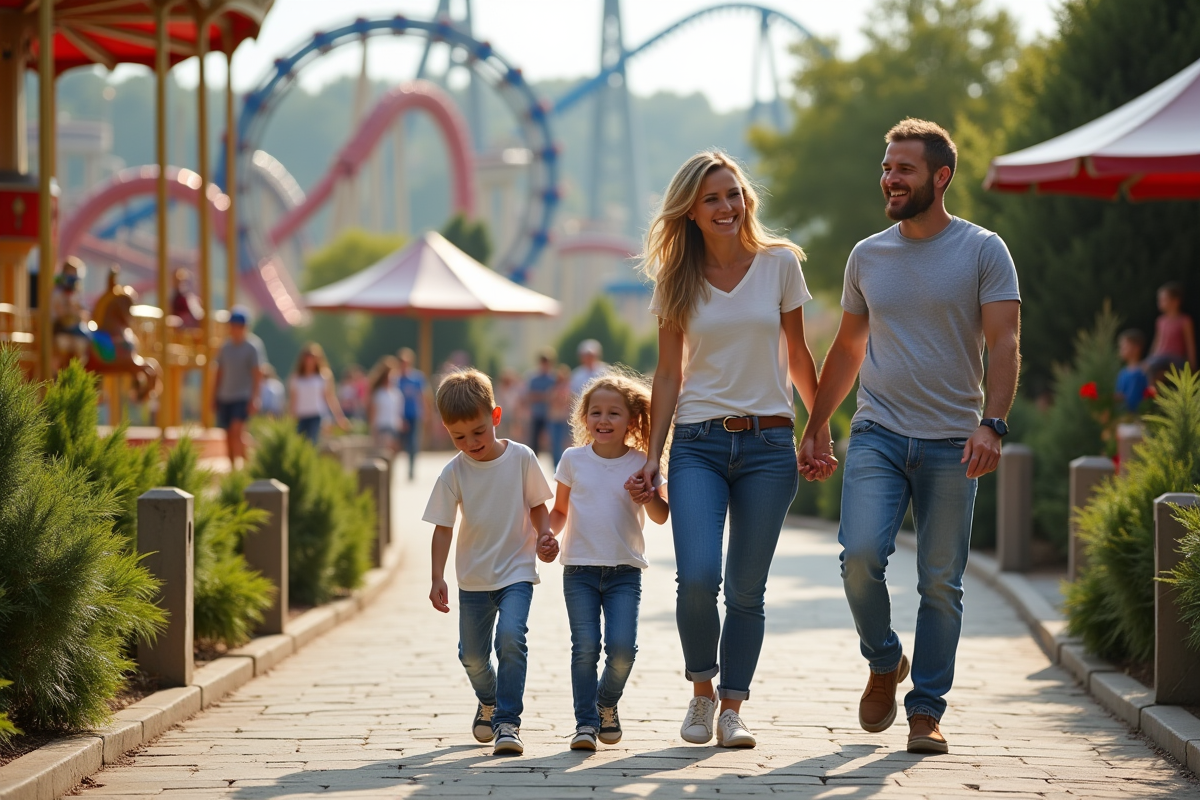 Famille souriante se promenant dans un parc d'attractions français