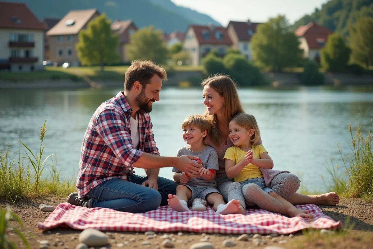 Famille profitant d un pique nique au bord du Rhin