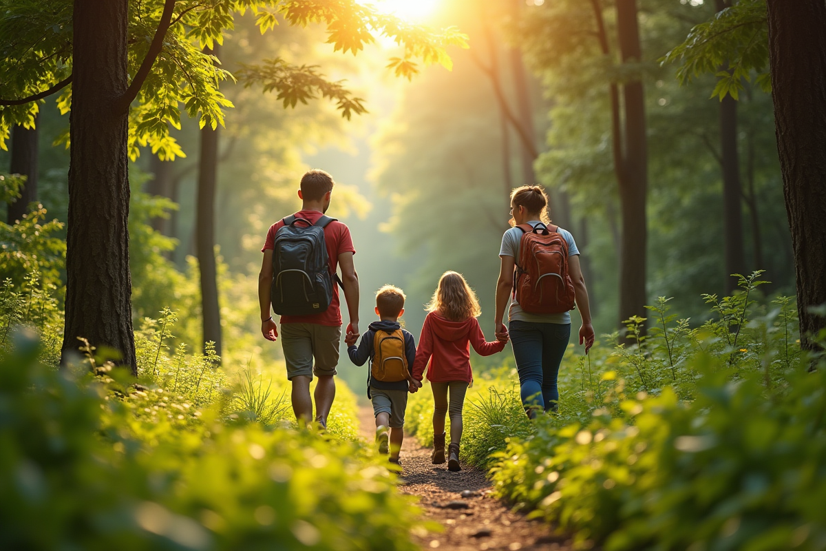 Famille en randonnée dans une forêt verdoyante ensoleillée