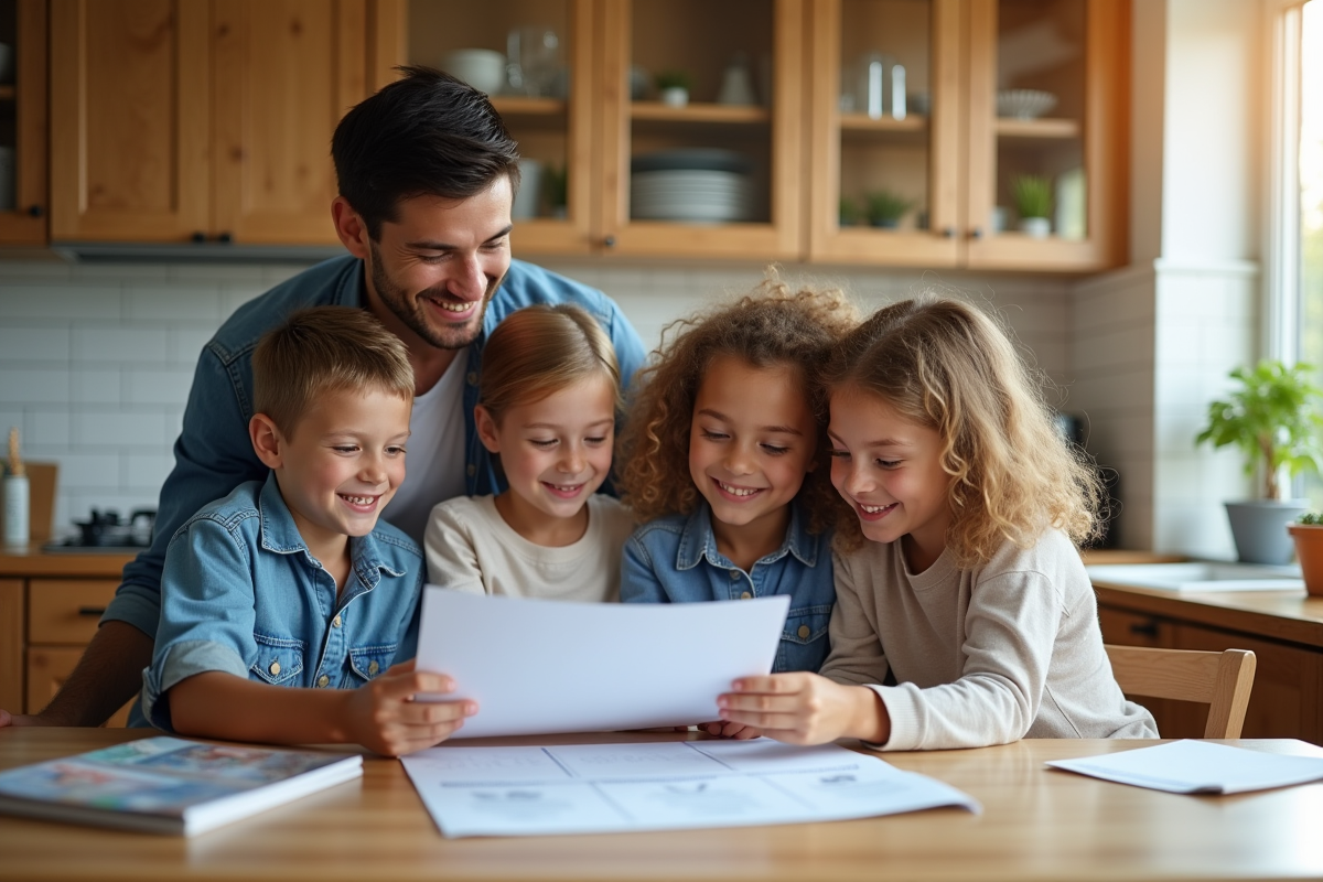 Famille préparant leurs documents de voyage à la maison