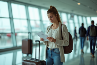 Jeune femme à l'aéroport examine sa carte d'embarquement