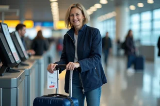 Femme à l'aéroport attachant une étiquette bagage