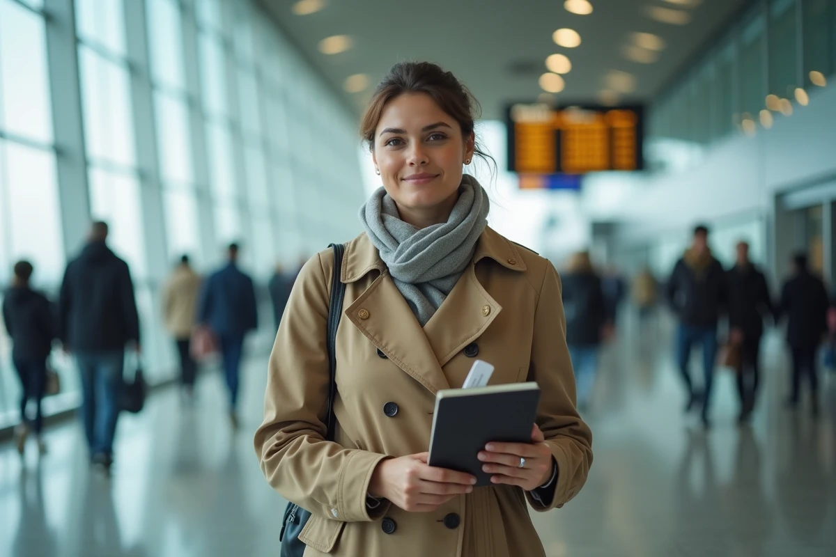 Femme en trench coat dans un aéroport avec passeport et billet