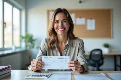 Femme d'affaires souriante tenant un chéquier et bon de vacances