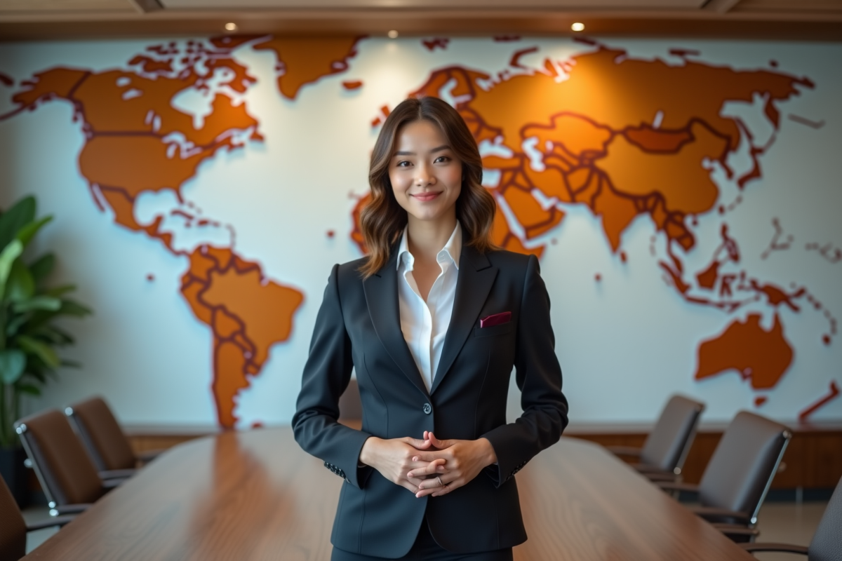 Jeune femme confiante devant une carte du monde dans une salle moderne