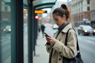 Femme consultant une application de transport en commun sur son smartphone à un arrêt de bus en ville