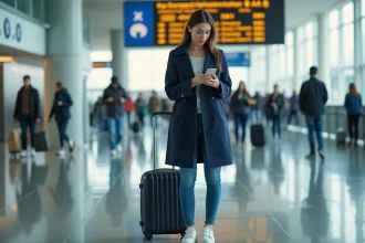 Jeune femme à l'aéroport JFK regardant son smartphone