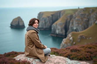 Femme contemplant la côte de Granit Rose en Bretagne