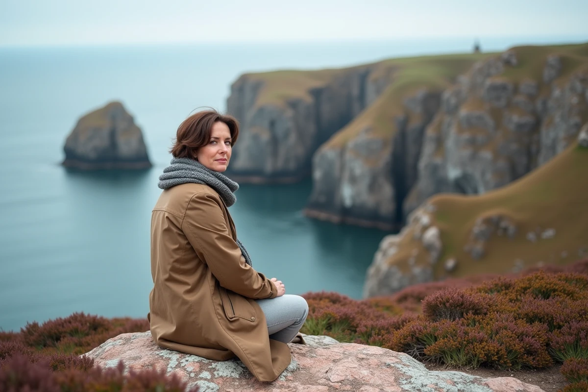 Femme contemplant la côte de Granit Rose en Bretagne
