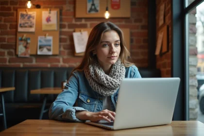 Jeune femme au caf&eacute; avec ordinateur portable et ambiance chaleureuse