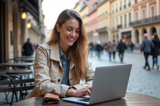 Femme souriante au café en voyage recherchant des investissements