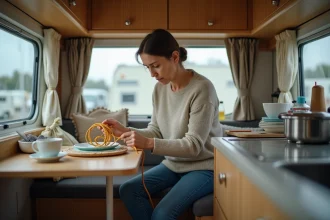 Femme dans une cuisine de caravane avec un câble enchevêtré