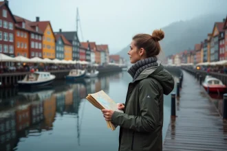 Femme avec une carte devant les maisons colorées de Bryggen à Bergen, point de départ idéal pour un road trip dans les fjords norvégiens