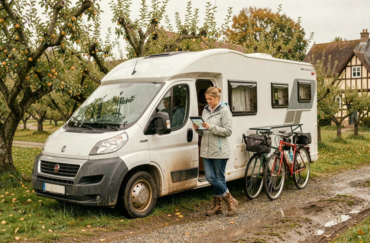 Femme consultant une carte numérique pour camping-car près d'un verger normand avec son véhicule aménagé