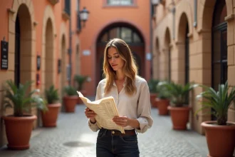 Femme consultant une carte touristique devant le Musée Picasso de Malaga dans une ruelle historique andalouse