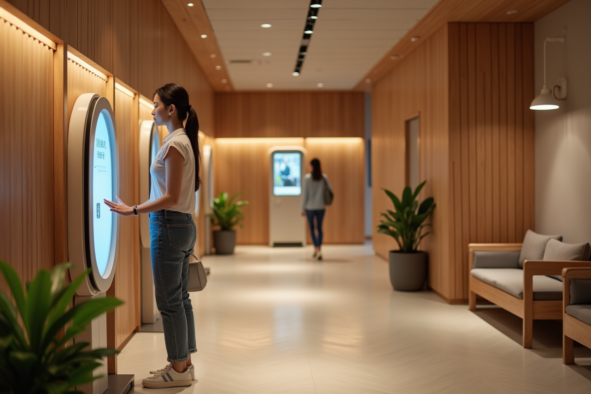 Jeune femme utilisant un kiosque de check-in capsule hotel