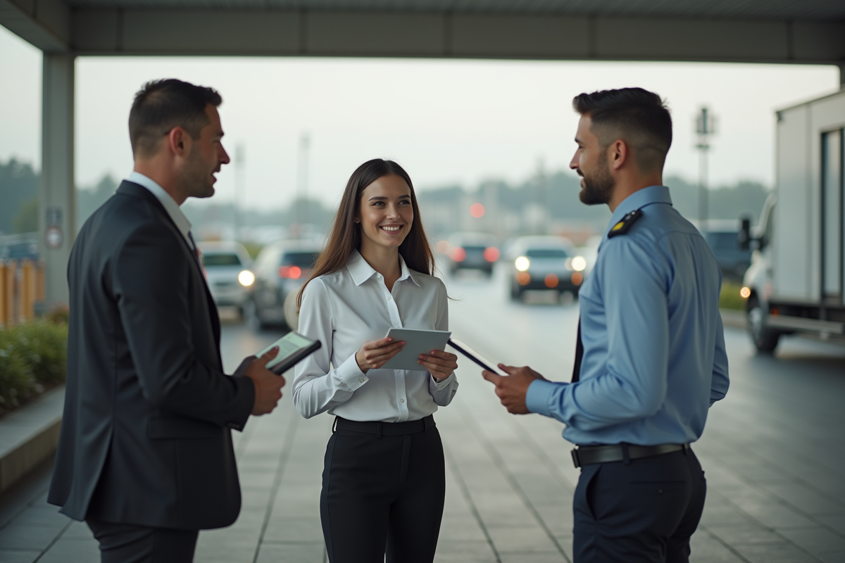 Jeune femme souriante parle à un agent de douane en extérieur