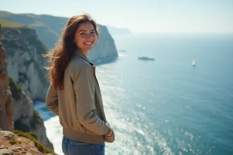 Jeune femme souriante au bord de la côte rocheuse