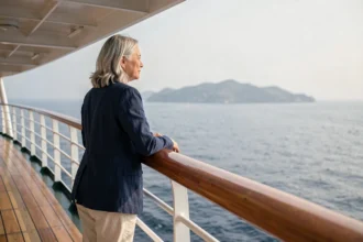 Femme de cinquante ans appuyée sur le bastingage d'un paquebot de croisière tour du monde, contemplant un horizon maritime lointain