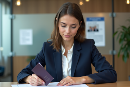 Jeune femme en blazer bleu examine documents et passeport
