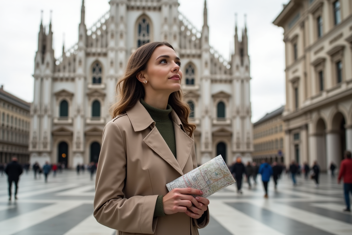 Femme en trench beige devant la façade du Duomo de Milan