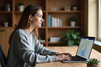 Femme utilisant un outil d'estimation de trajet sur ordinateur portable pour planifier un voyage avec Viamichelin