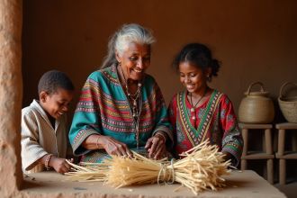 Femme éthiopienne âgée avec deux enfants en robes traditionnelles décorant Gena