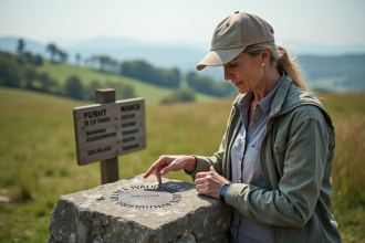 Femme d'âge moyen examinant une borne géographique en pleine nature