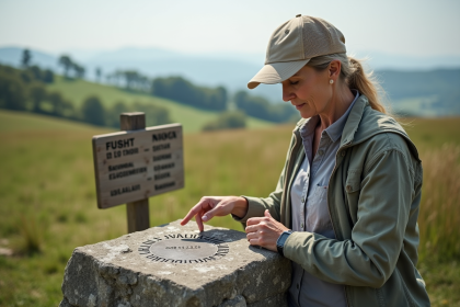 Femme d'âge moyen examinant une borne géographique en pleine nature