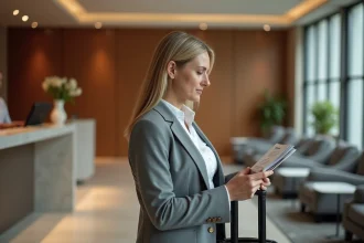 Femme d affaires vérifiant une brochure d upgrade chambre à l hôtel