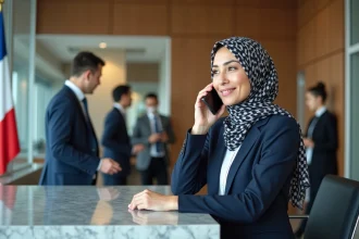 Femme indonesienne parlant au téléphone à l'ambassade