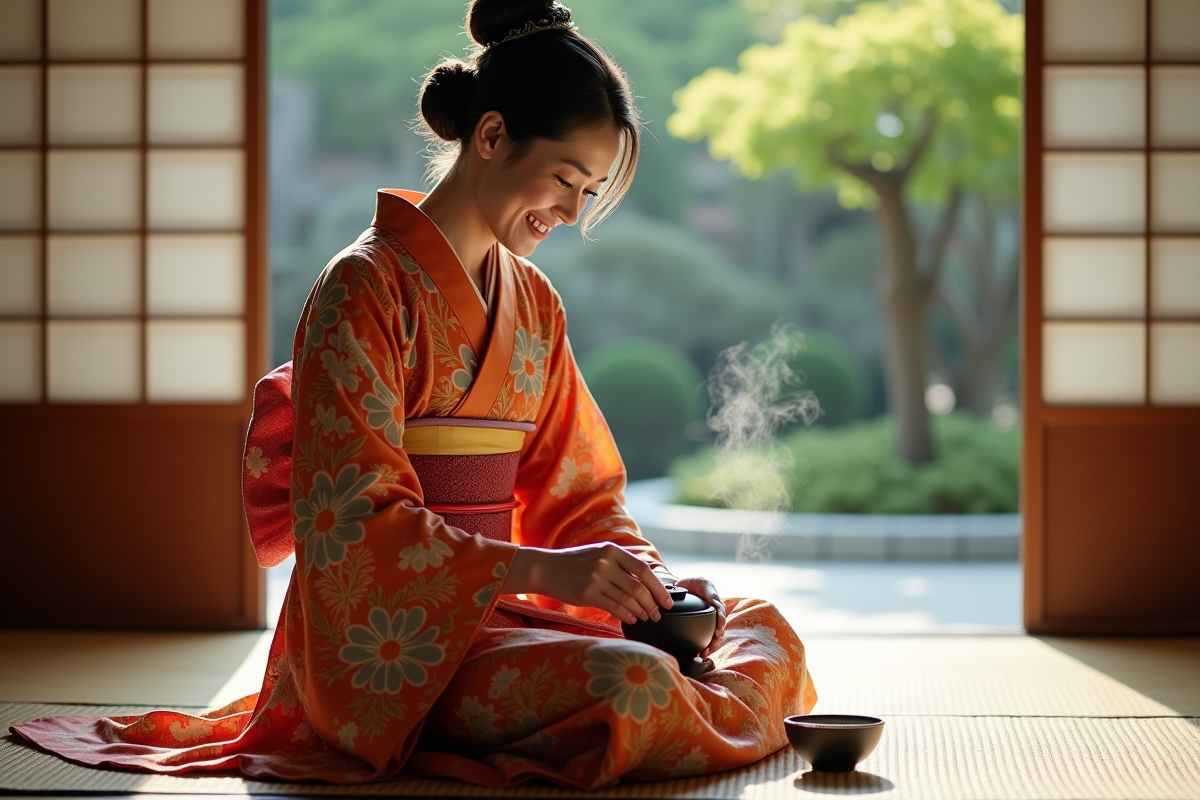 Femme japonaise en kimono préparant une cérémonie du thé