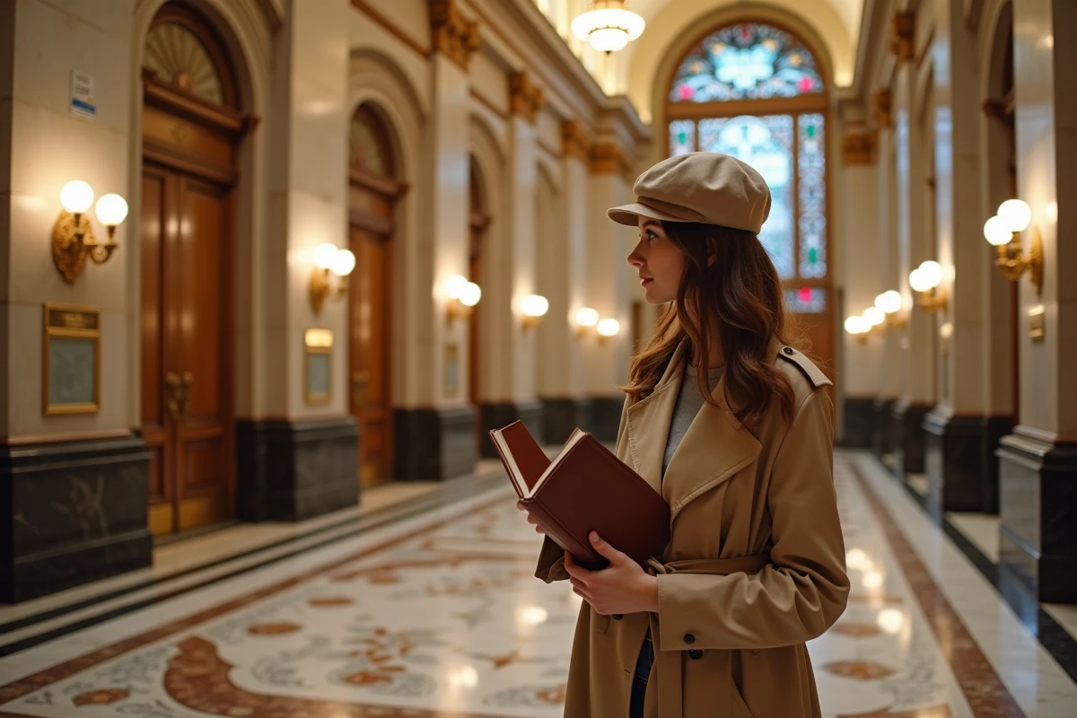 Jeune femme admirant le lobby en marbre du Woolworth Building