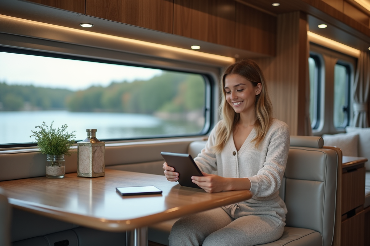Femme travaillant dans un motorhome de luxe