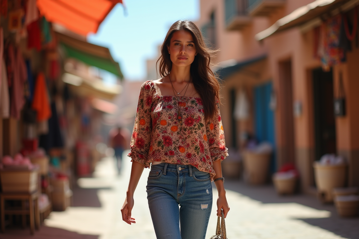 Jeune femme marocaine marche dans un marché de Marrakech