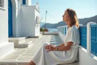 Femme méditative sur les escaliers de Tinos